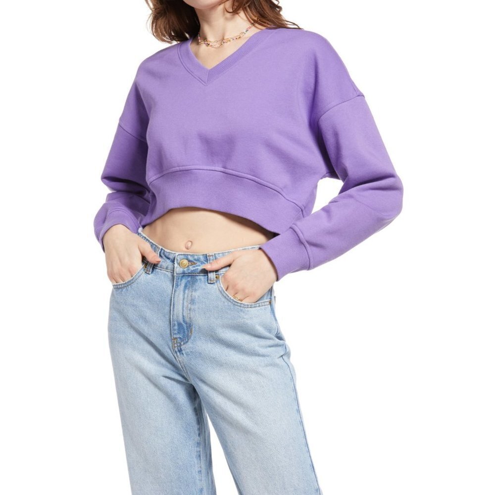 BP Womens Large V-Neck Crop Organic Cotton Blend Sweatshirt in Purple Dahlia 753